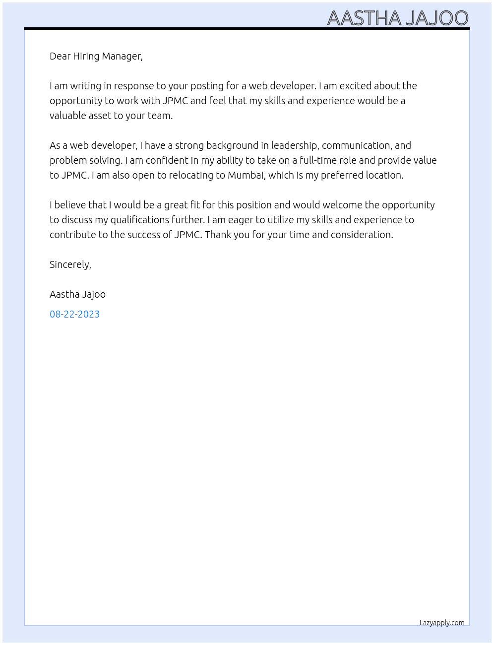 Web developer At JPMC Cover Letter