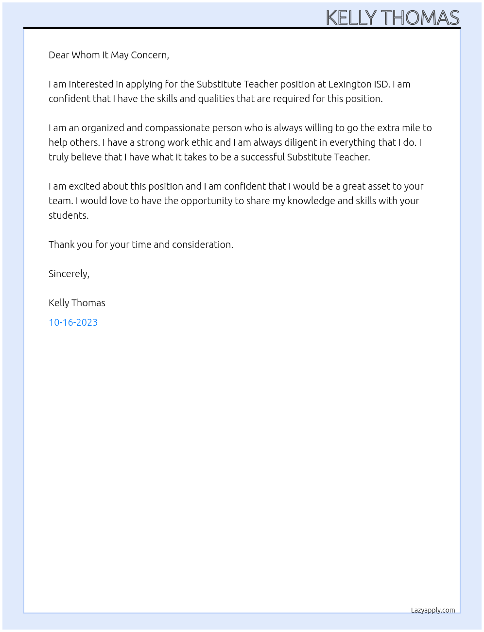 Substitute teacher At Lexington ISD Cover Letter