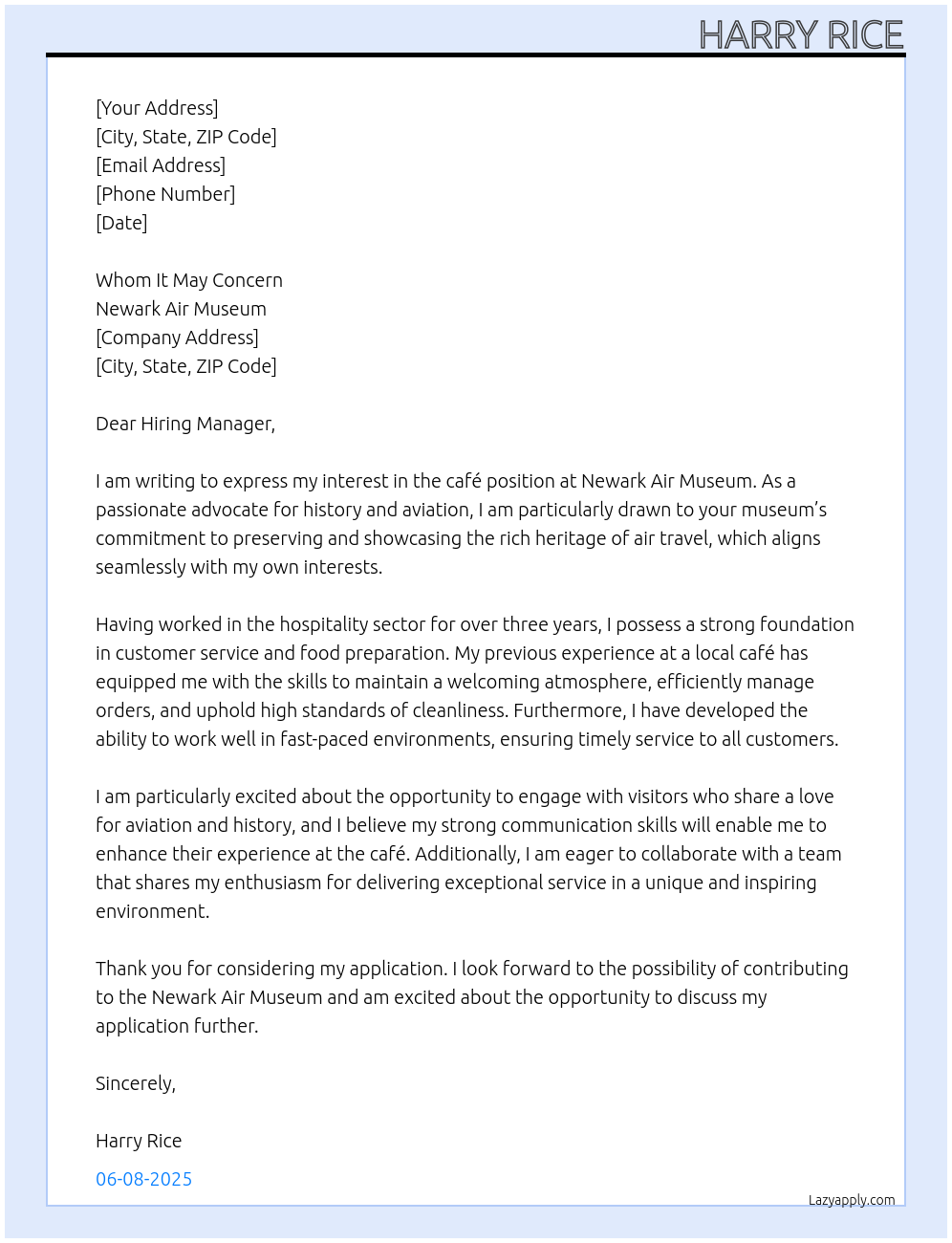 Cafe At Newark air museum Cover Letter