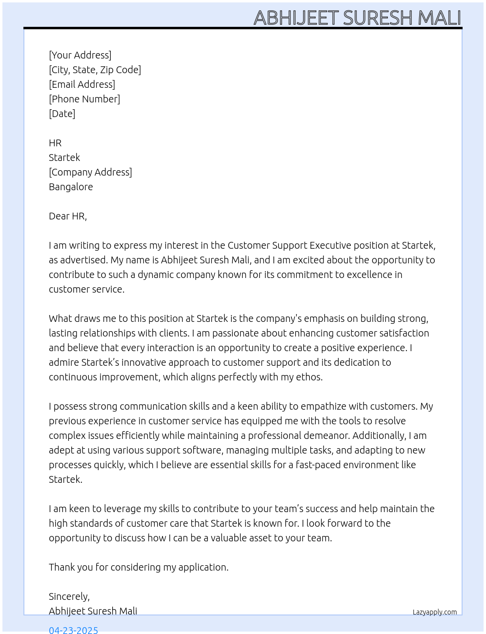 Customer Support Executive At Startek Cover Letter