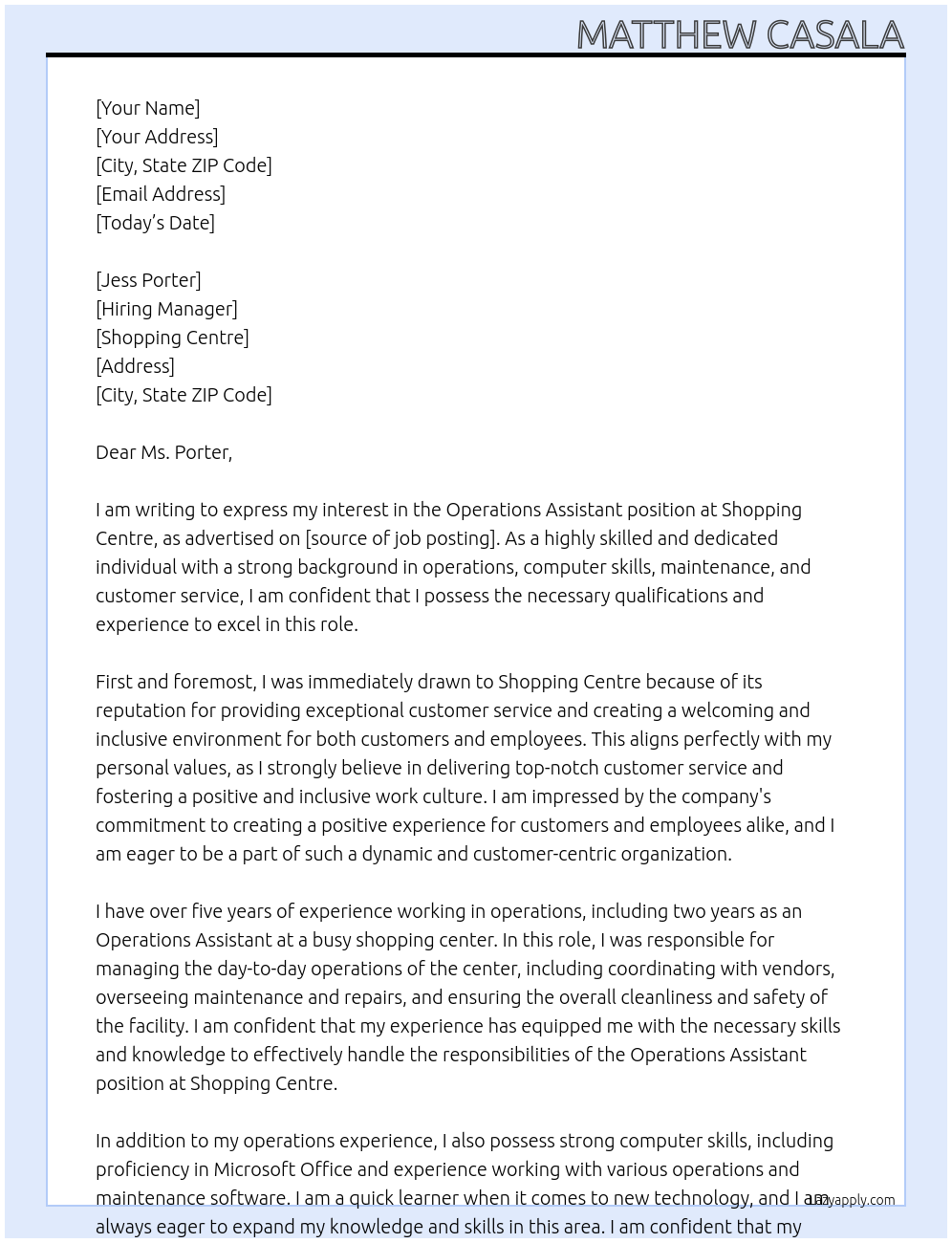 Operations Assistant At Shopping Centre Cover Letter