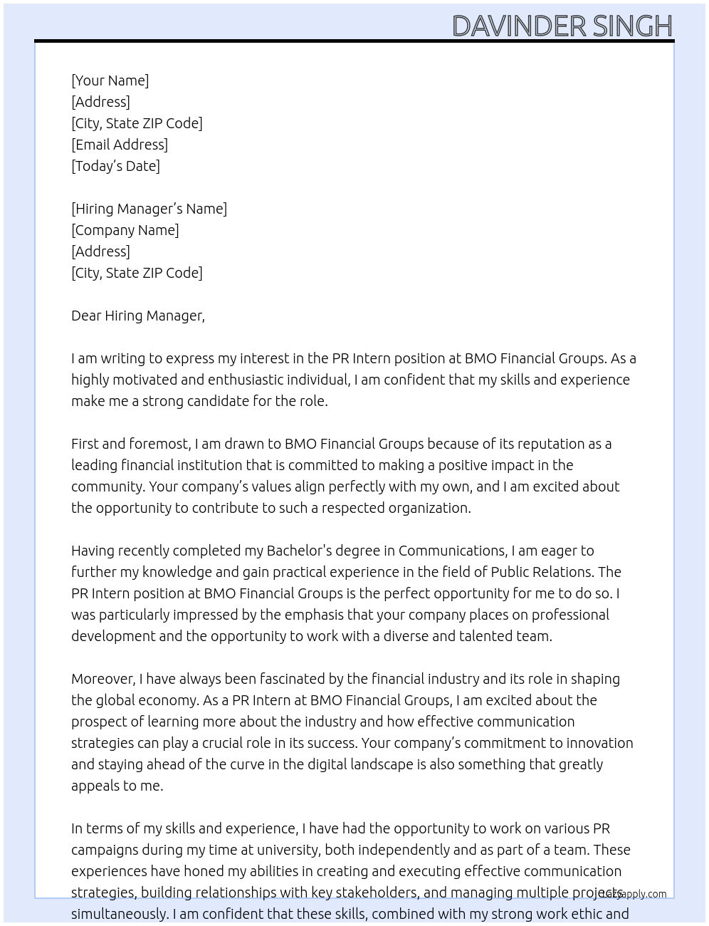 PR Intern At BMO Financial Groups Cover Letter