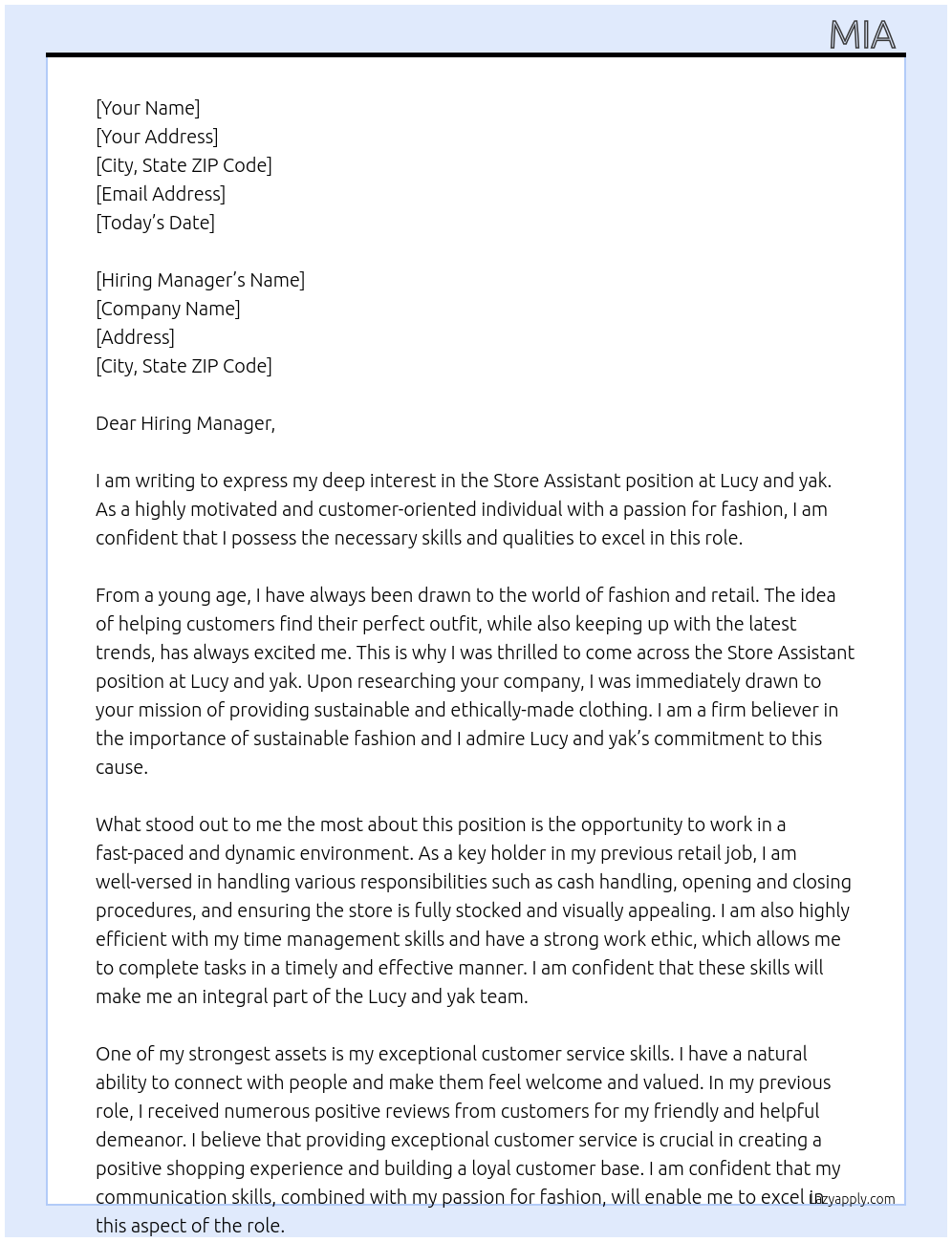 Store assistant At Lucy and yak Cover Letter