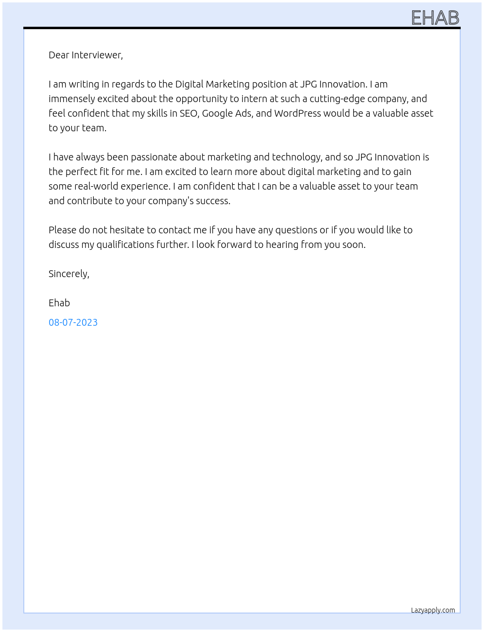 Digital marketing At JPG innovation Cover Letter