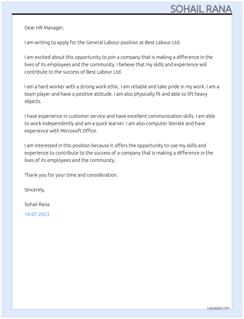 General Labour At Best Labour Ltd Cover Letter