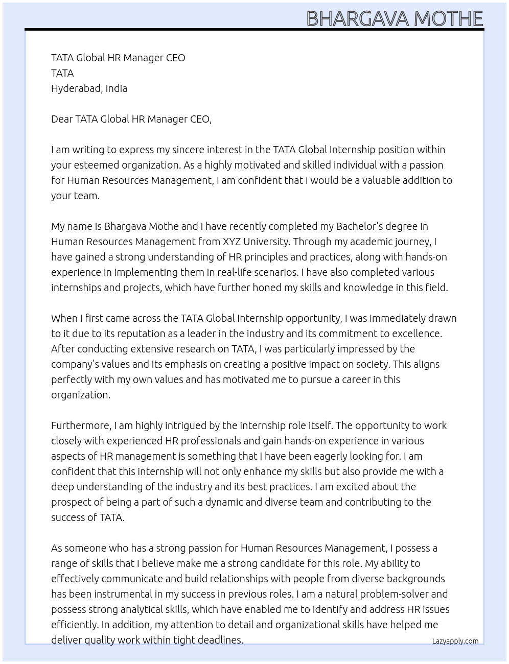 TATA GLOBAL INTERNSHIP At TATA Cover Letter