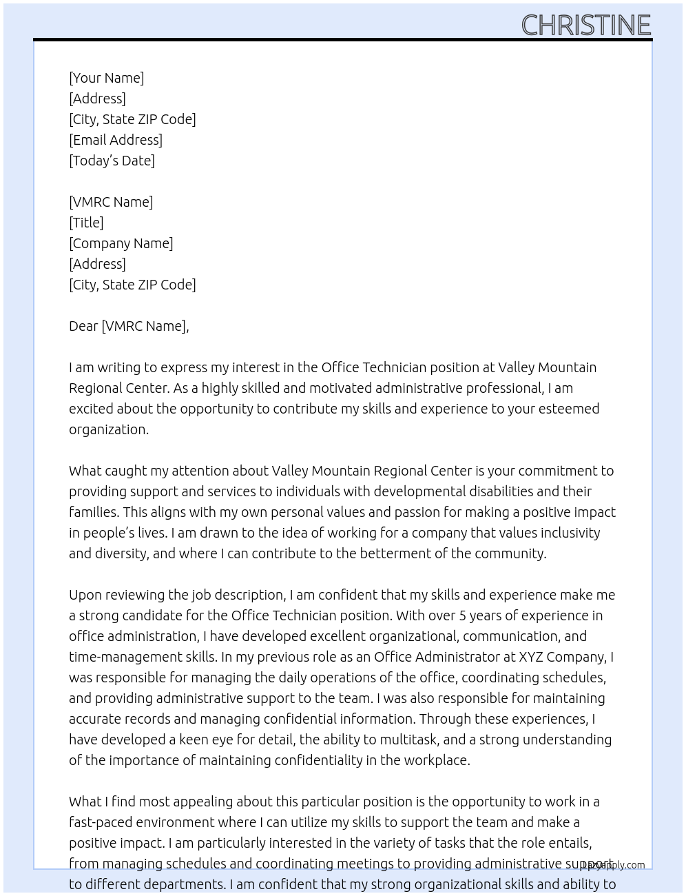 Office Technician  At Valley Mountain Regional Center Cover Letter