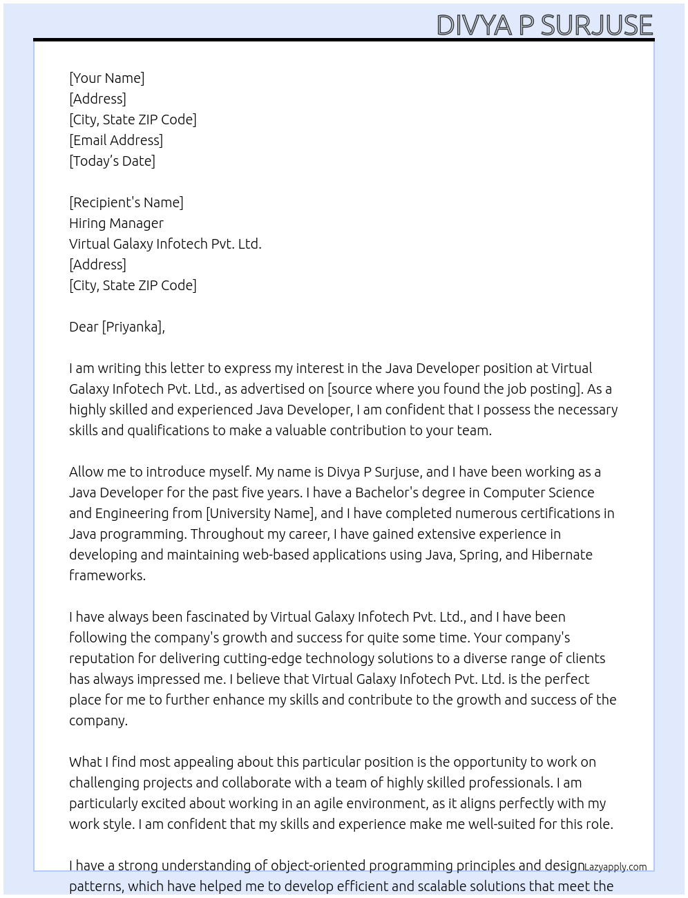 java developer At Virtual Galaxy Infotech Pvt. Ltd. Cover Letter