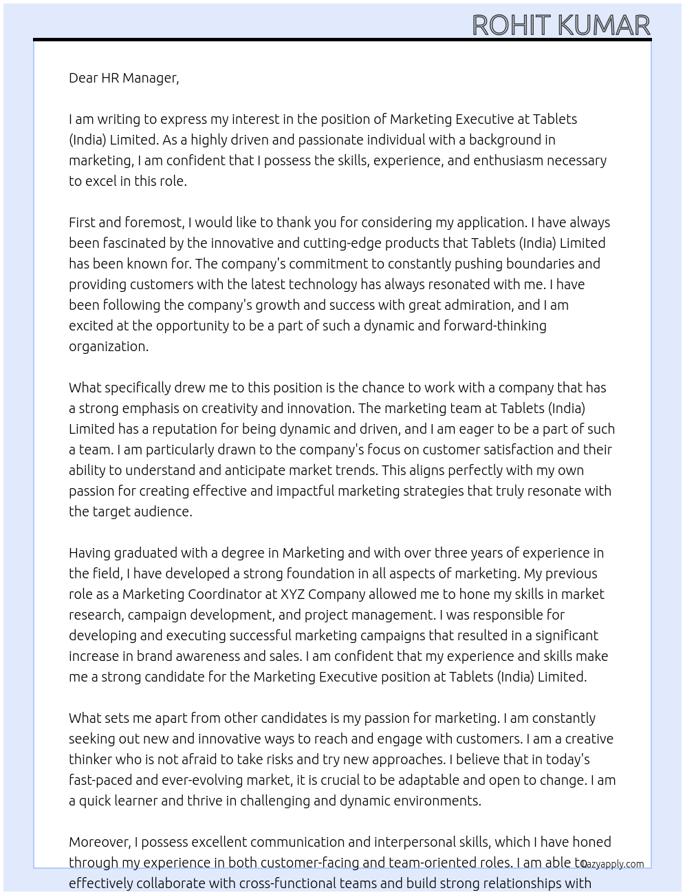 Marketing executive At Tablets (India) Limited  Cover Letter
