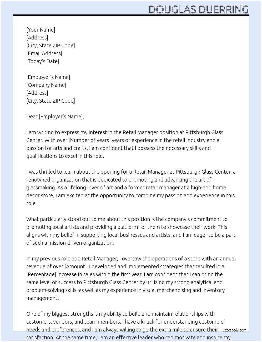 Retail Manager At Pittsburgh Glass Center Cover Letter