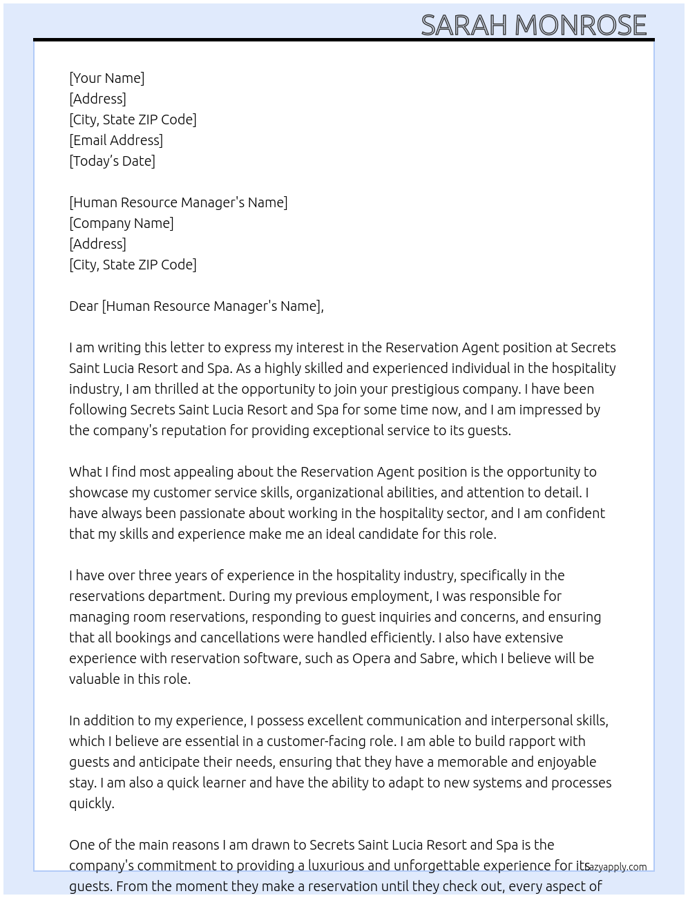 Reservation agent  At Secrets Saint Lucia resort and spa  Cover Letter