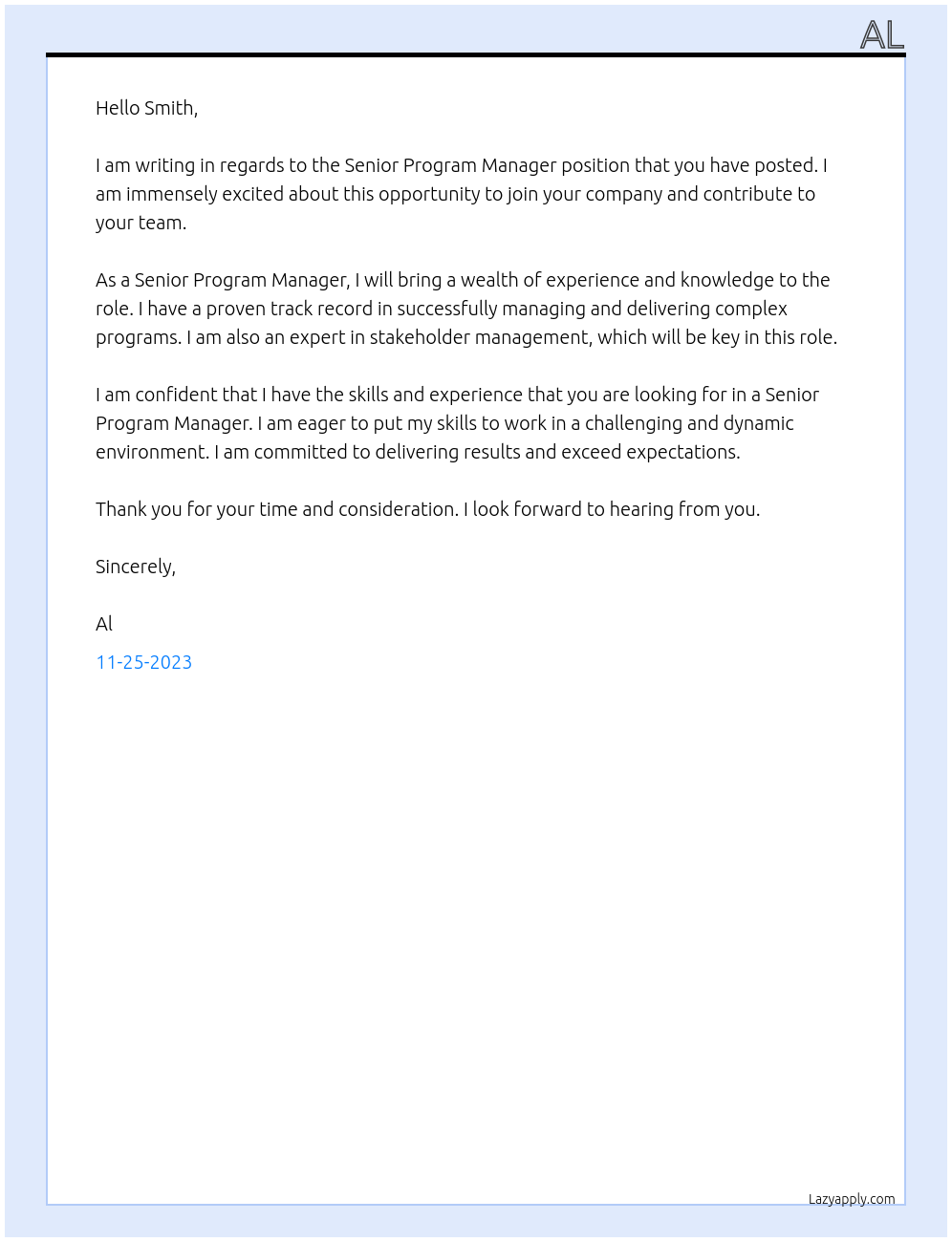 Senior Program Manager At Smith Cover Letter