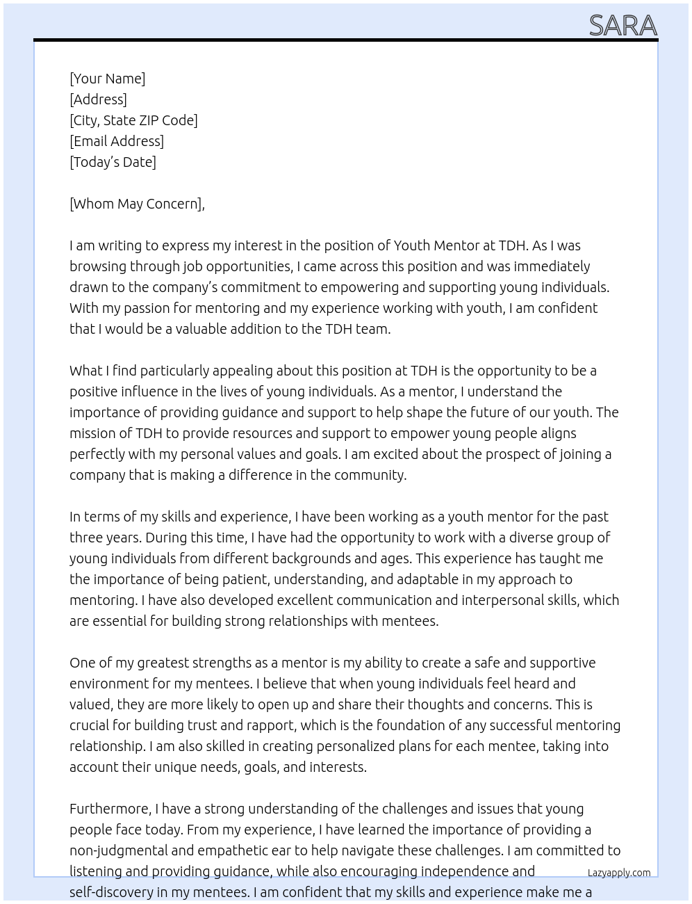 Youth mentor  At TDH Cover Letter