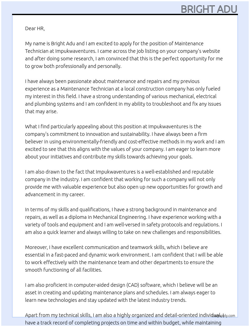 Maintenance Technician At Impukwaventures Cover Letter