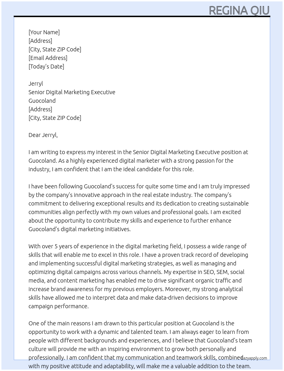 Senior digital marketing executive At Guocoland Cover Letter