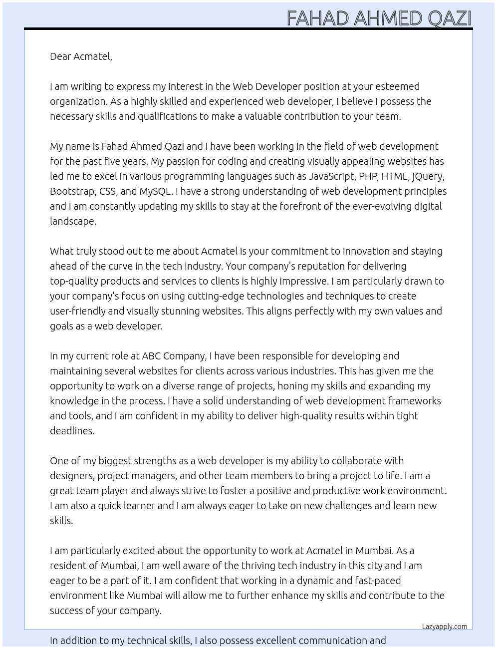 web developer At Acmatel Cover Letter