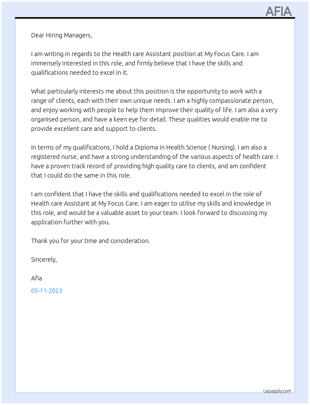 Health care Assistant  At My Focus Care Cover Letter