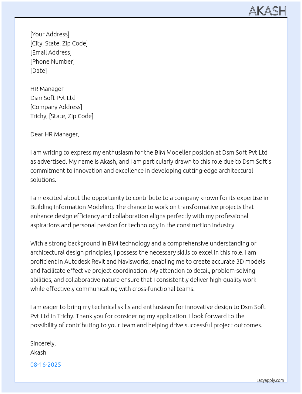 Bim Modeller At Dsm soft pvt ltd Cover Letter