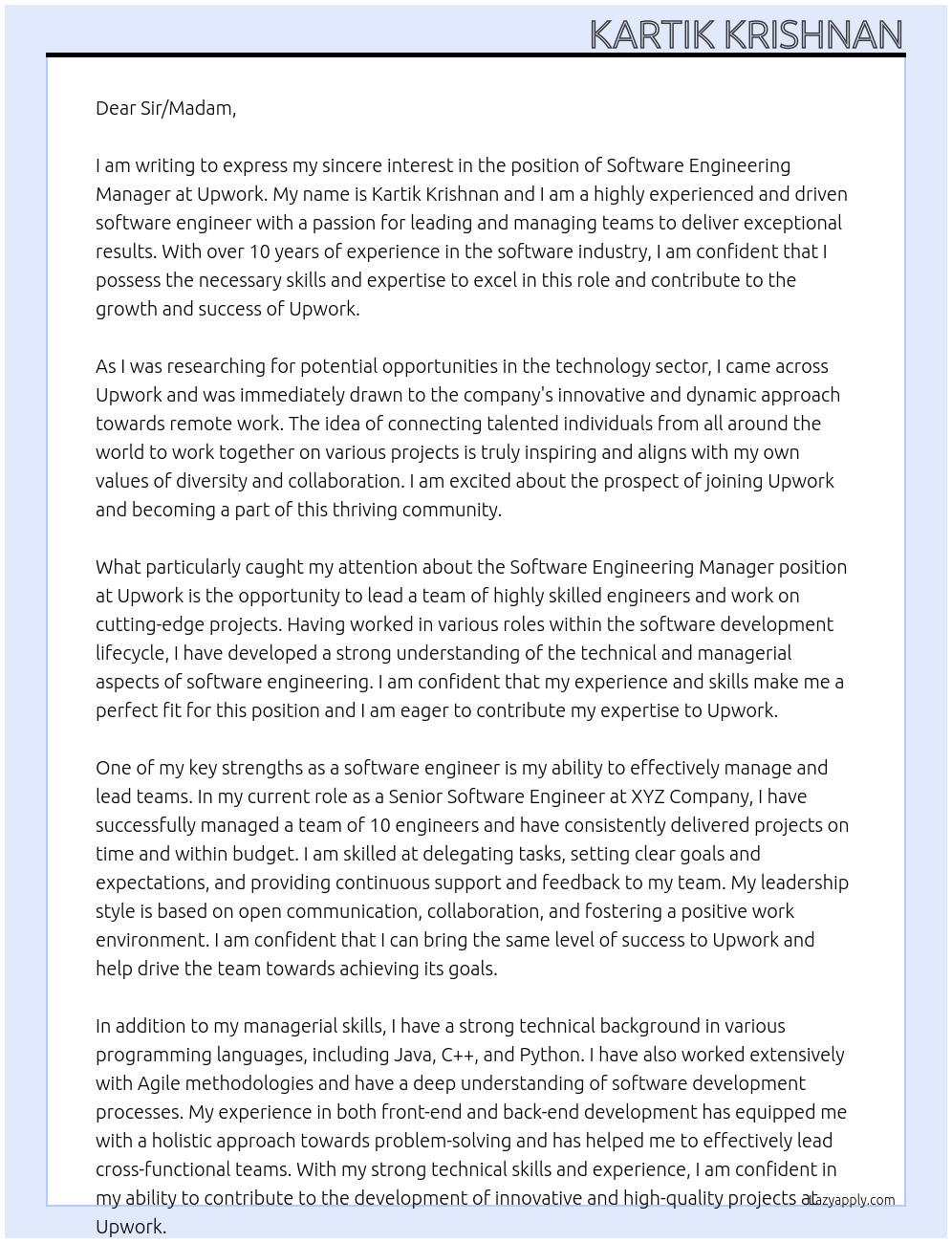 Software Engineering Manager At Upwork Cover Letter