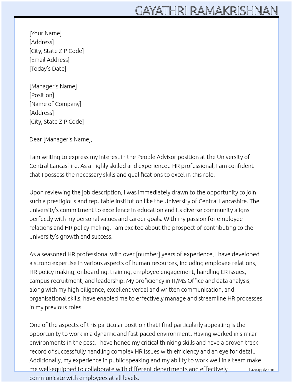 Cover letter for people advisor - LazyApply