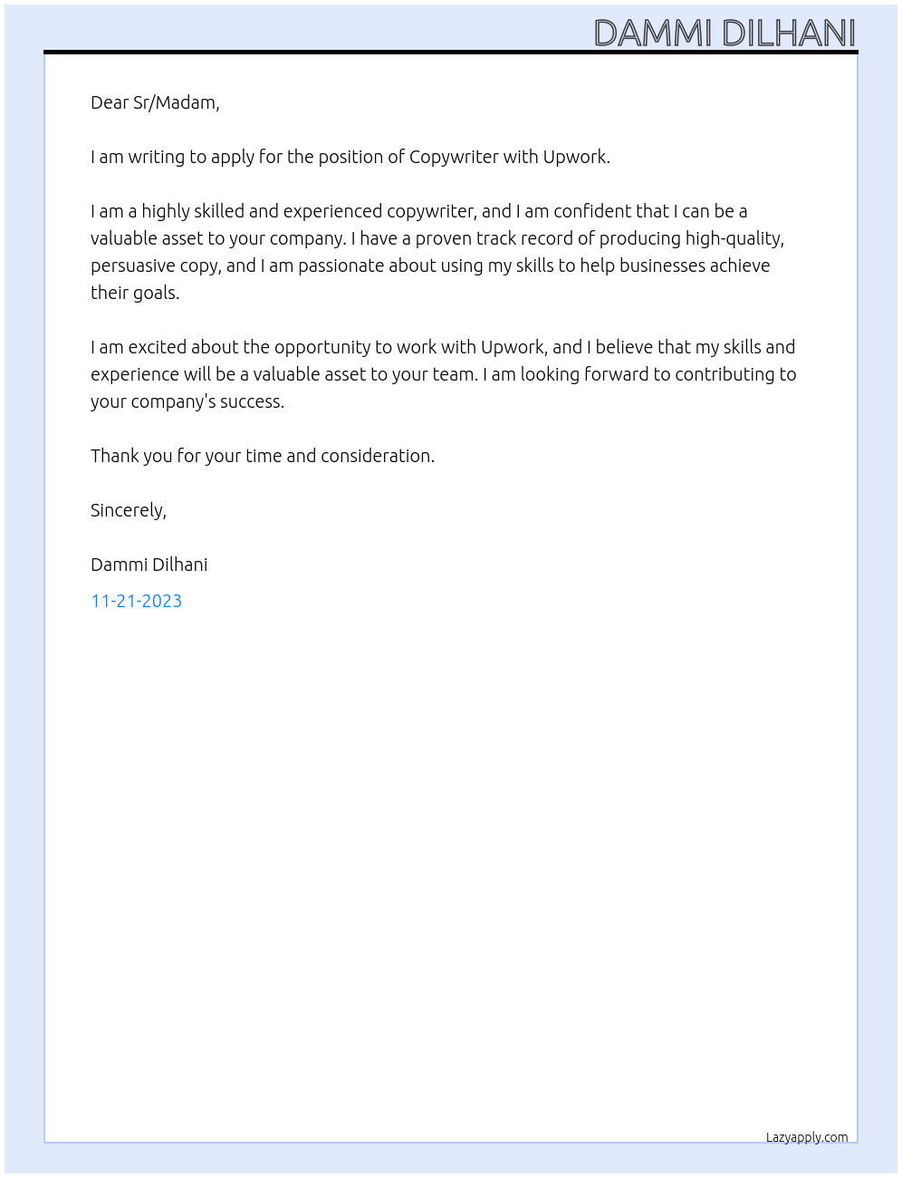 Copywriter At Upwork Cover Letter