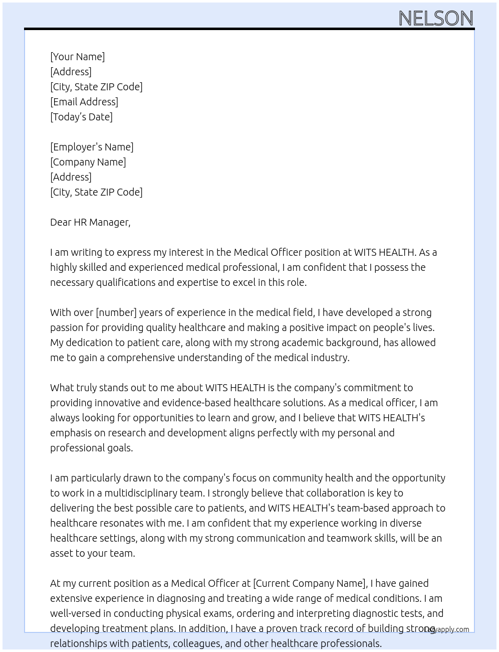 Medical Officer At WITS HEALTH Cover Letter