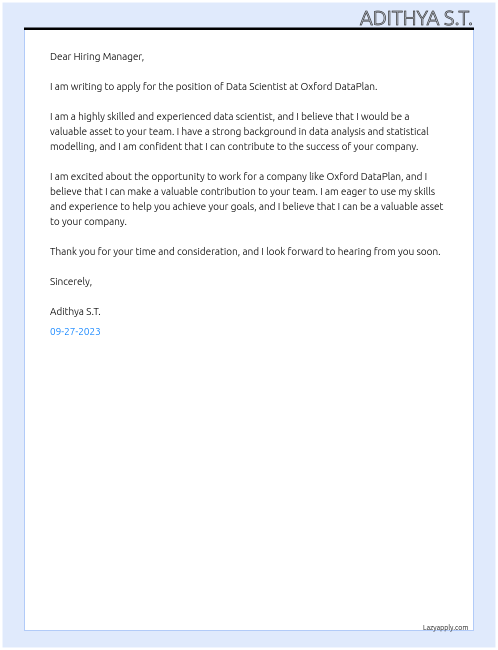 Data Scientist At Oxford DataPlan Cover Letter