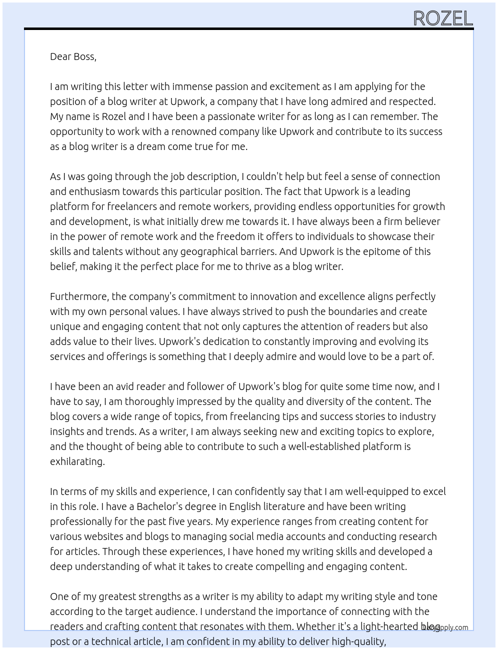 blog writer At upwork Cover Letter