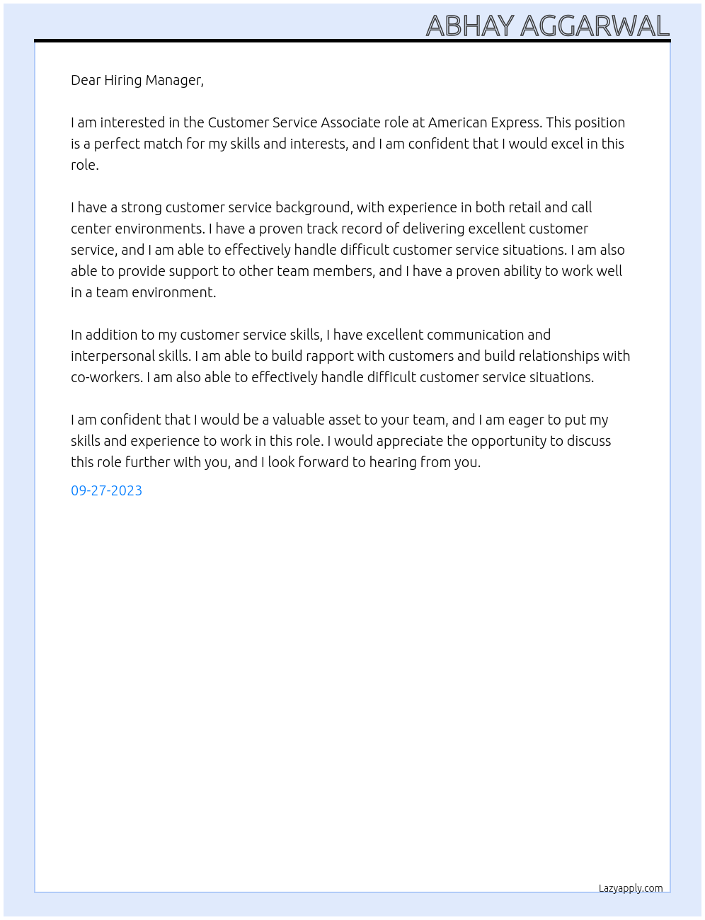 Customer Service Associate At AMERICAN EXPRESS Cover Letter