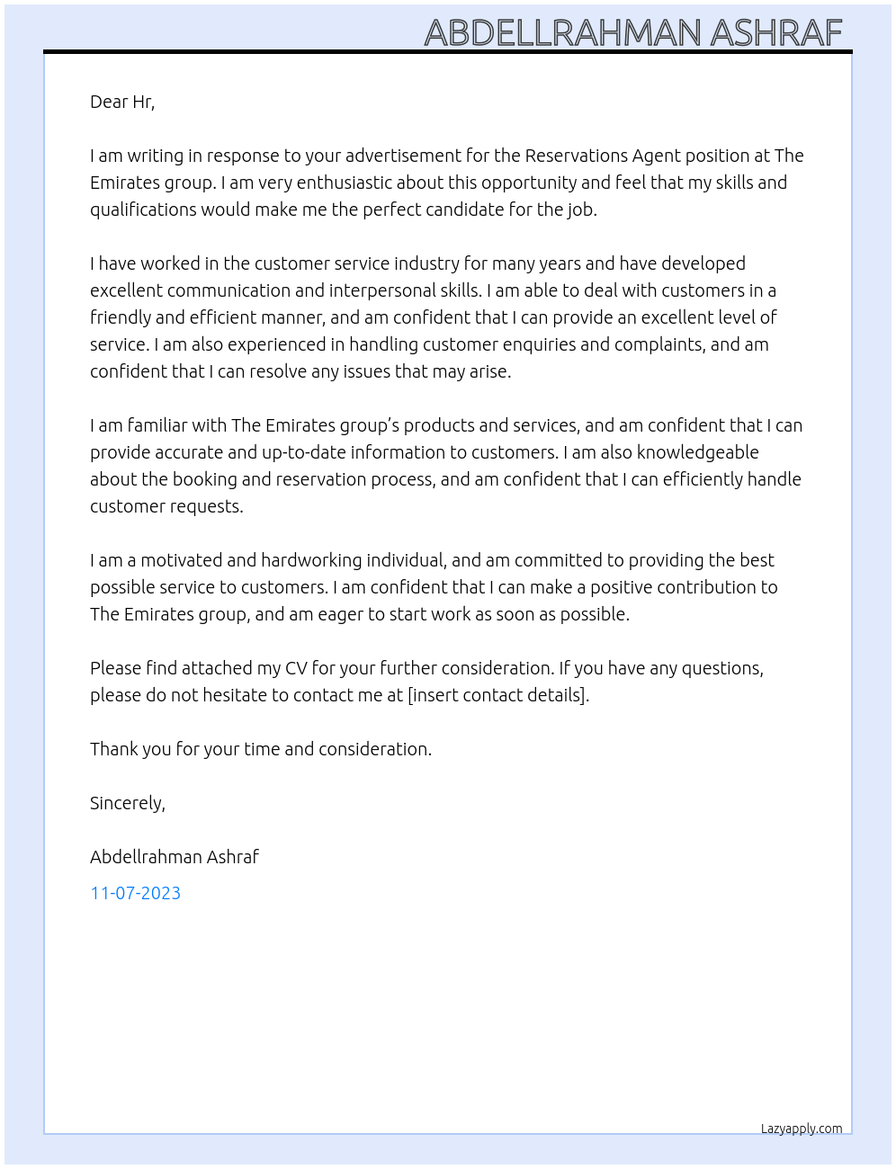 Reservations Agent At The Emirates group  Cover Letter