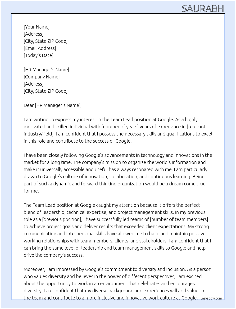 Team Lead At Google Cover Letter