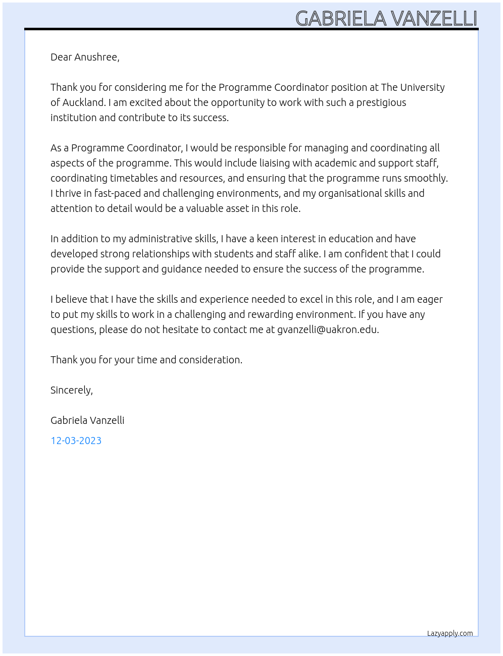 Programme Coordinator At The University of Auckland Cover Letter