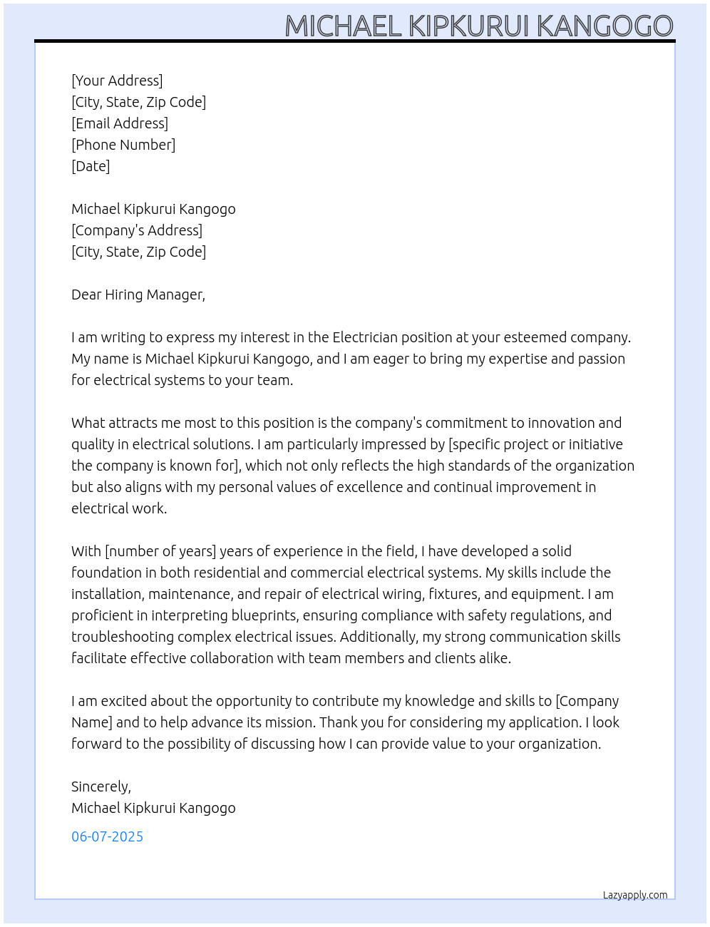 electrician At MICHAEL KIPKURUI KANGOGO Cover Letter