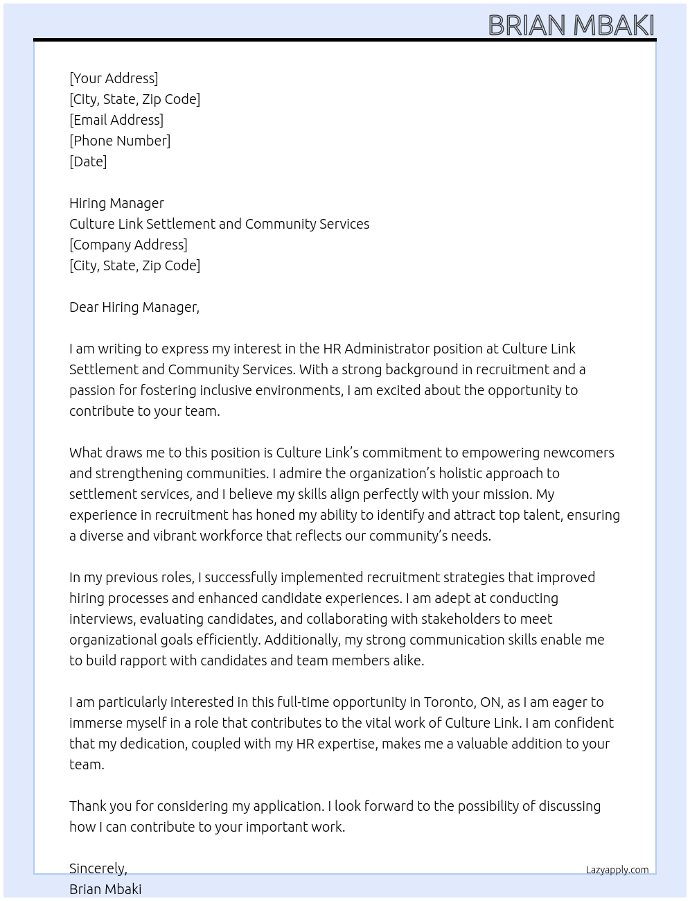 HR Administrator At Culture Link Settlement and Community Services Cover Letter