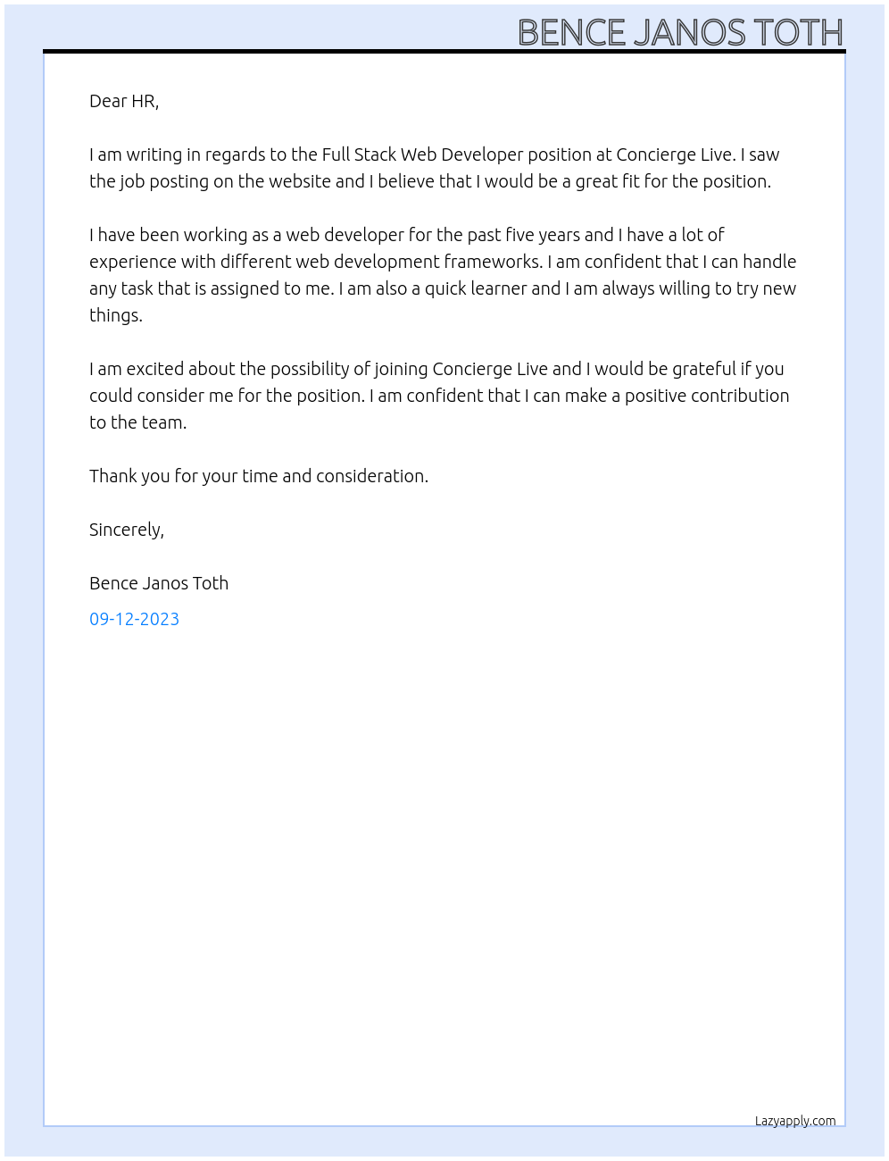 Full Stack Web Developer At Concierge Live Cover Letter