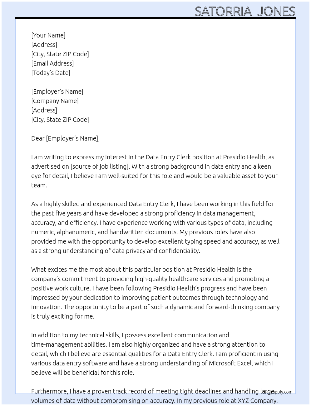 Data Entry Clerk At Presidio Health Cover Letter