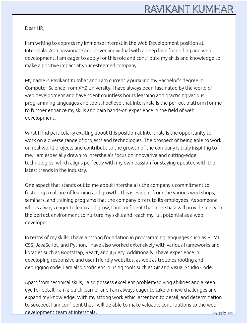 Web Development At Intershala Cover Letter