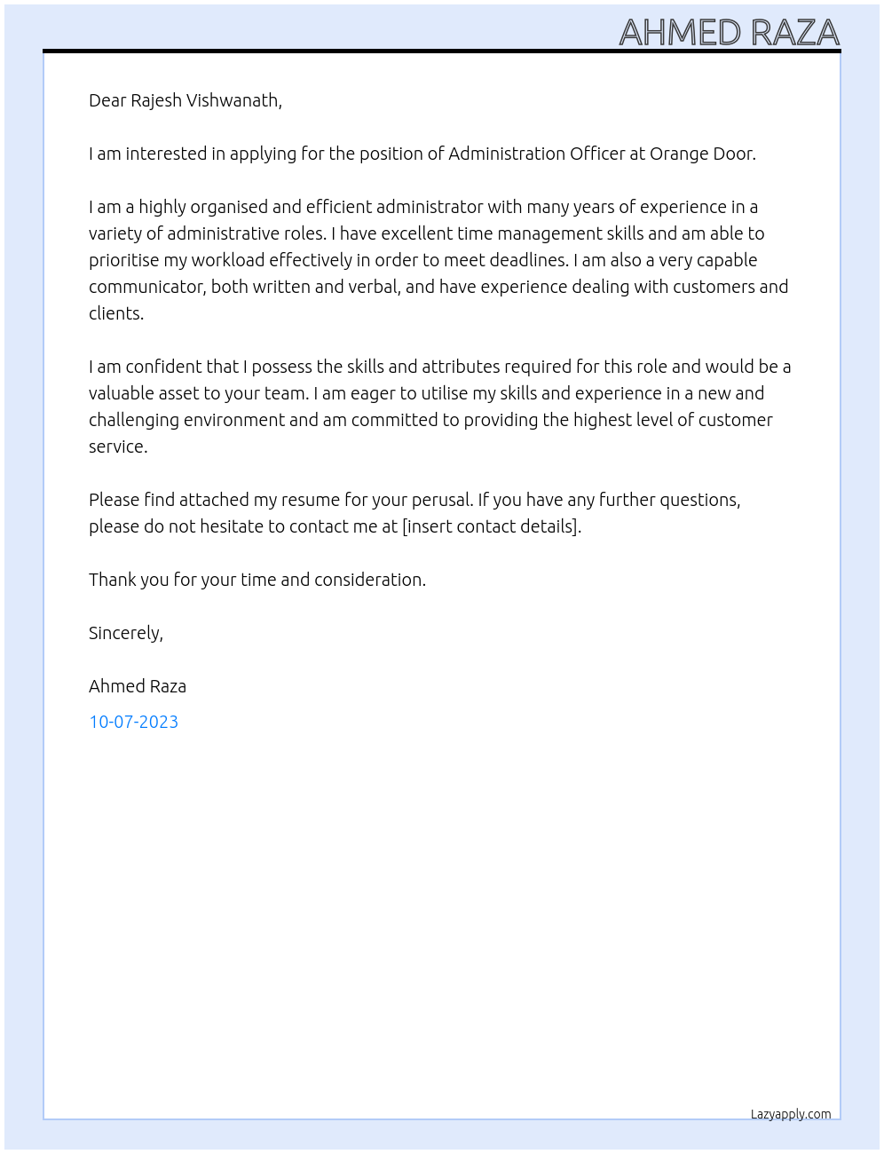 ADMINISTRATION OFFICER At Orange Door Cover Letter