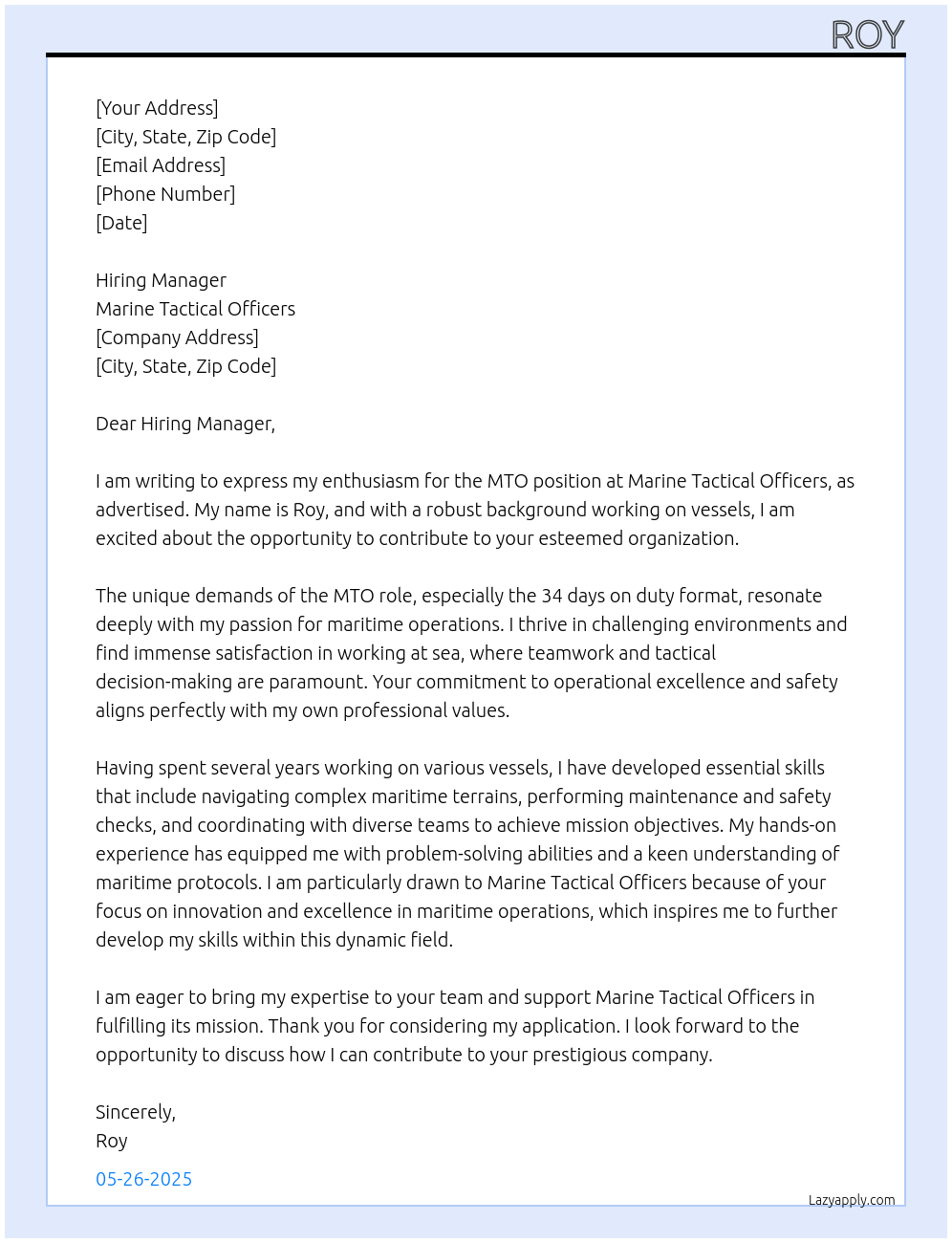 MTO At Marine tactical officers Cover Letter