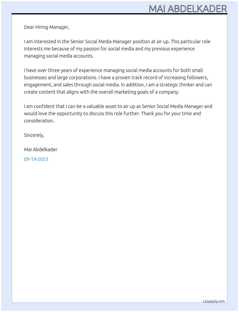 Senior Social Media Manager At air up Cover Letter