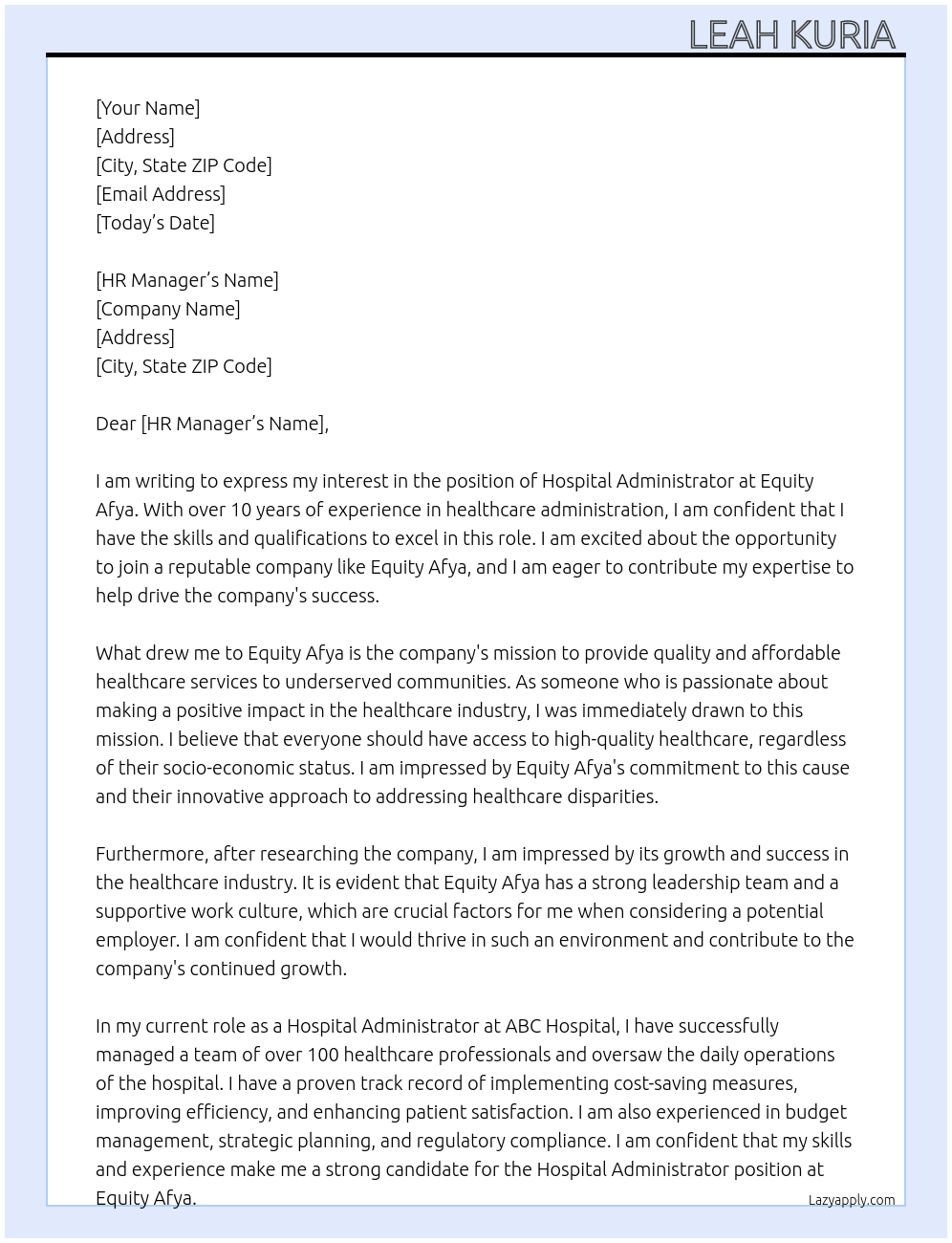 Hospital administrator  At Equity Afya Cover Letter