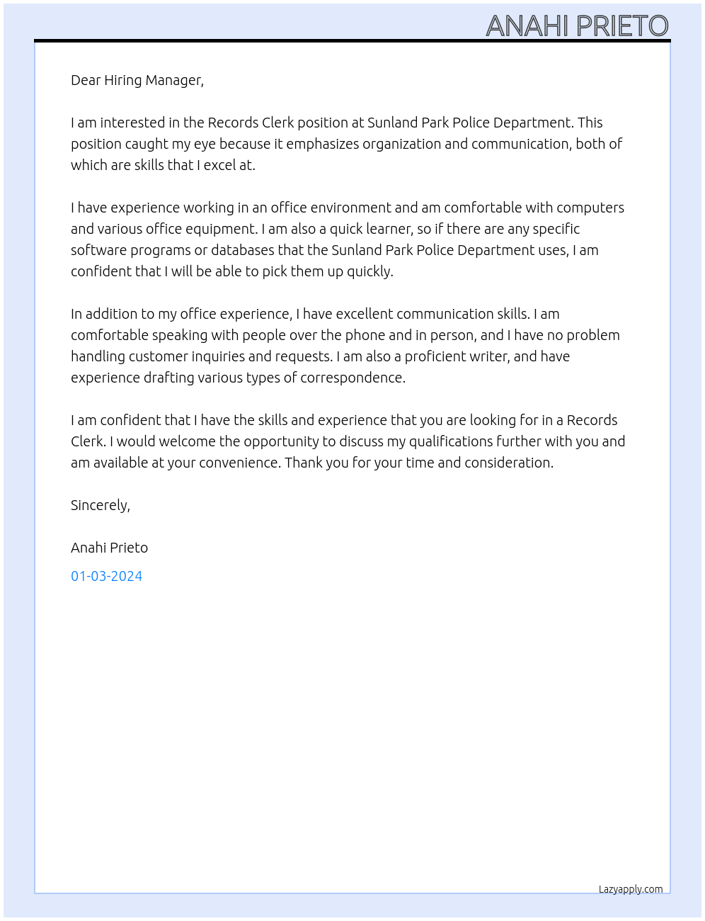 Records Clerk At Sunland Park Police Department Cover Letter