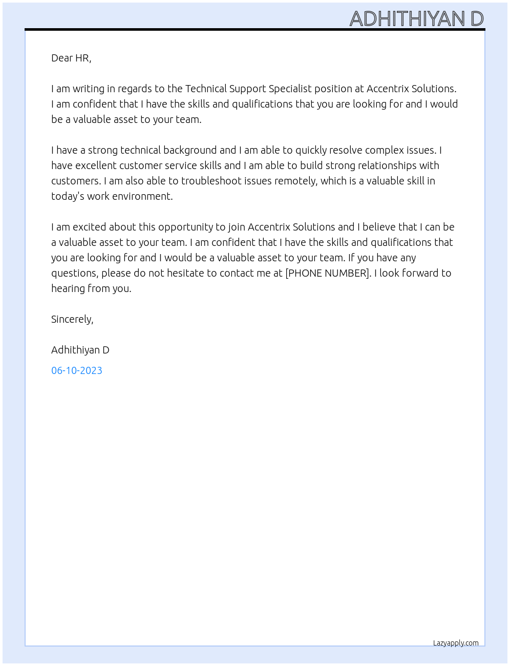 Technical Support Specialist At Accentrix Solutions Cover Letter