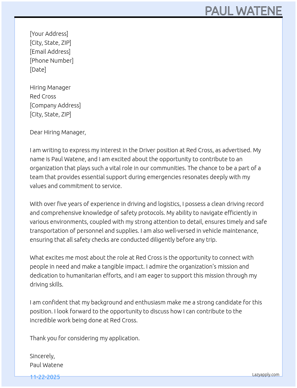  Driver  At Red cross  Cover Letter