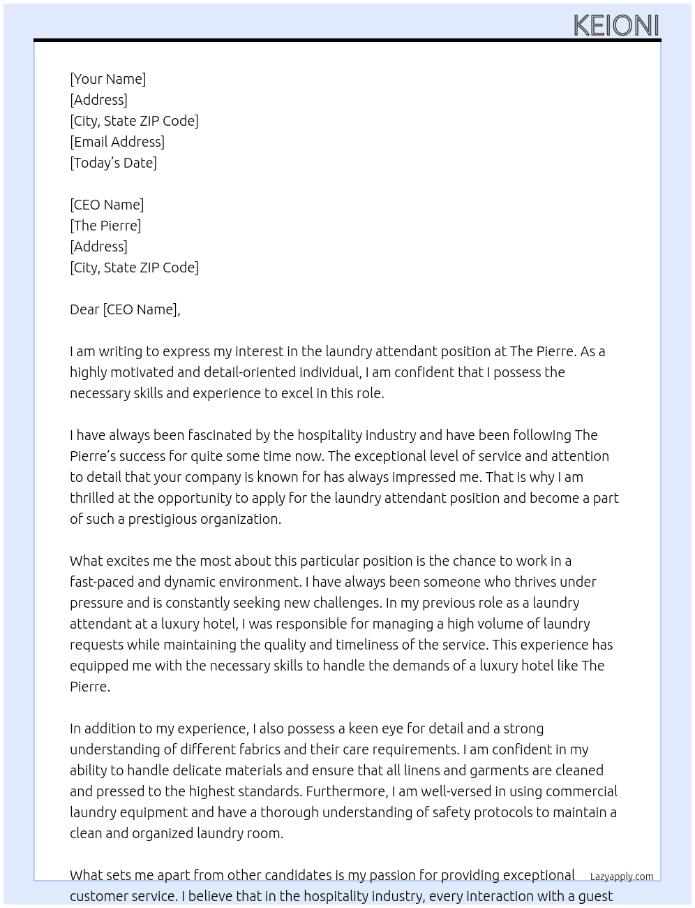 laundry attendant At the pierre Cover Letter