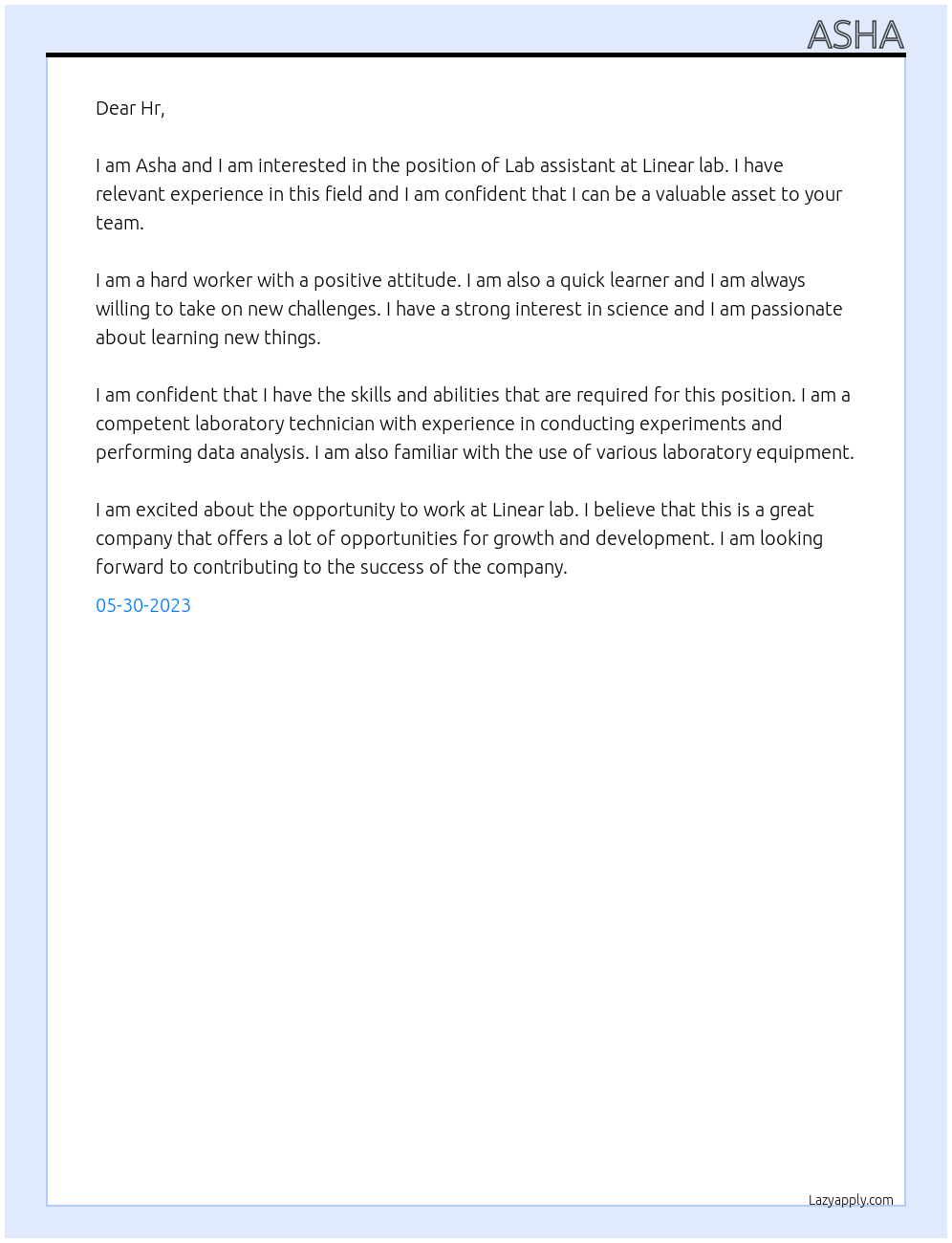 Lab assistant At Linear lab. Cover Letter