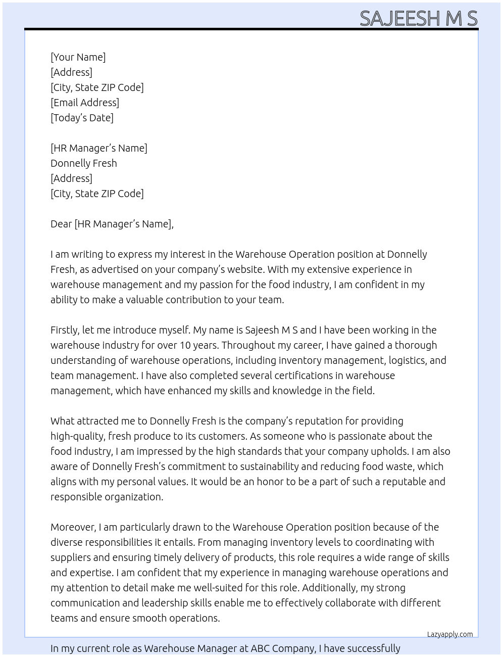 Warehouse Operation At Donnelly Fresh Cover Letter