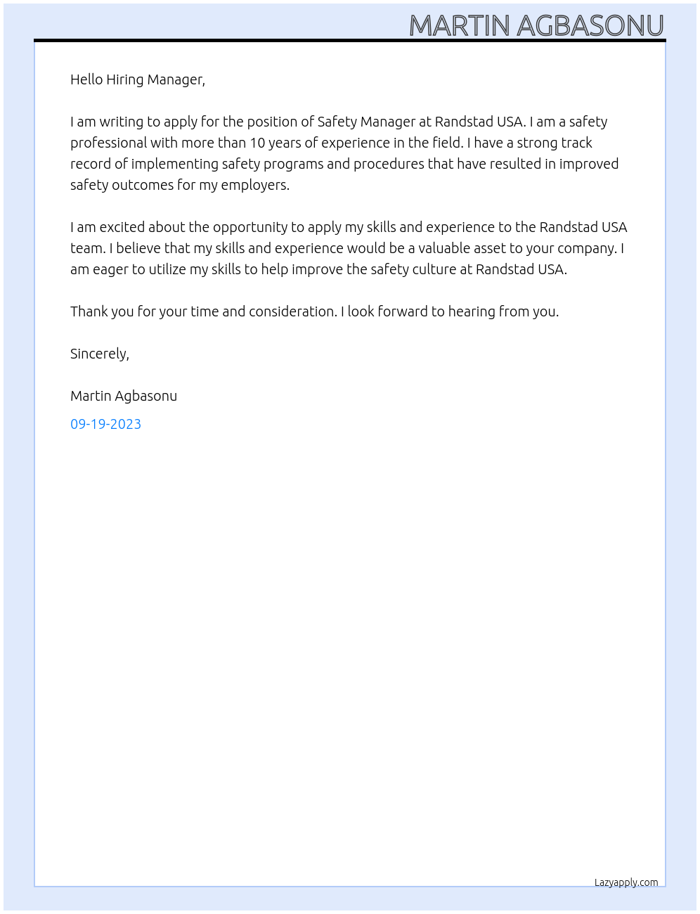 Safety Manager At Randstad USA · Phoenix, AZ Cover Letter