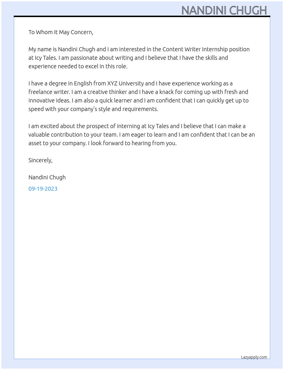 Content writing At Icy Tales Cover Letter