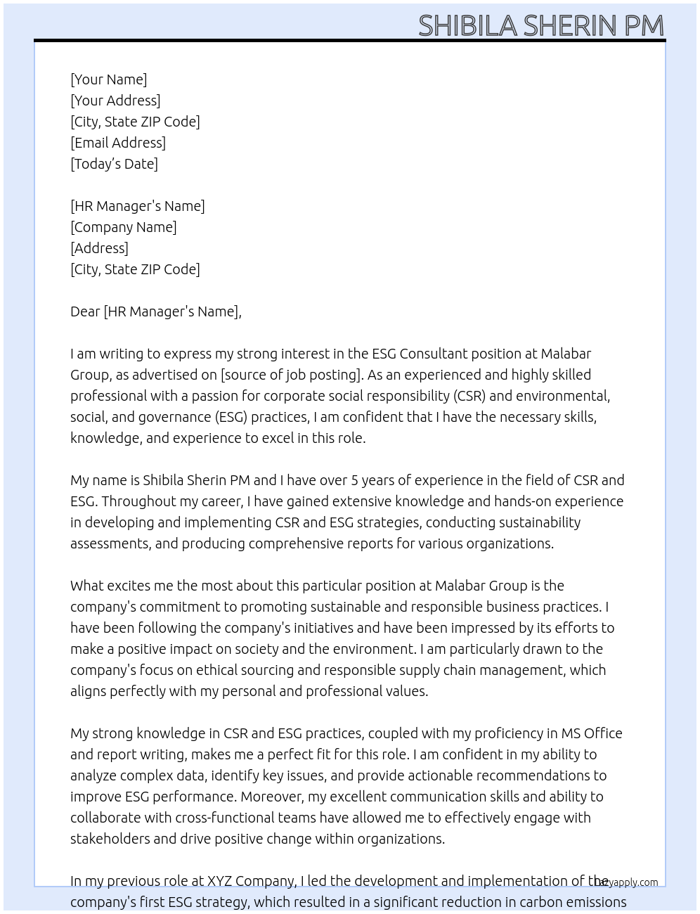 ESG Consultant At Malabar Group Cover Letter